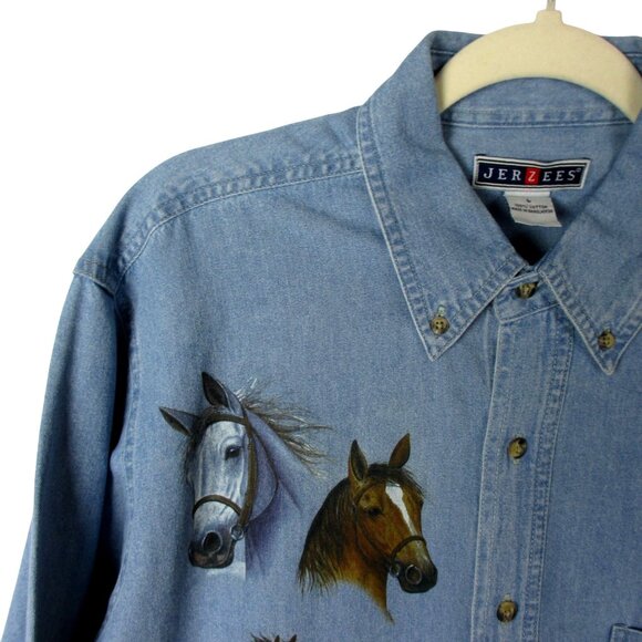 Jerzees Horse Denim Shirt Button Down Women's Cotton  Size L Equestrian - Picture 3 of 8